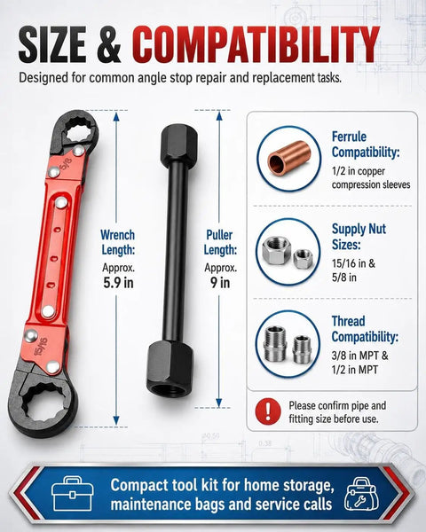 Knockout Compression Valve Removal Tool And Angle Stop Wrench Kit With Wall Protector Pads, includes wrench and puller sizes.
