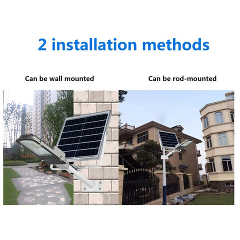 Hella Bright Solar Security Lights Outdoor With Reliable Motion Sensor Technology And IP65 Waterproof Build showing wall and rod mounting options.