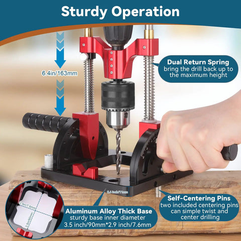 Image of Portable Multi Angle Drill Guide for Precise Angled Holes with dual return springs and self-centering pins on wooden base.