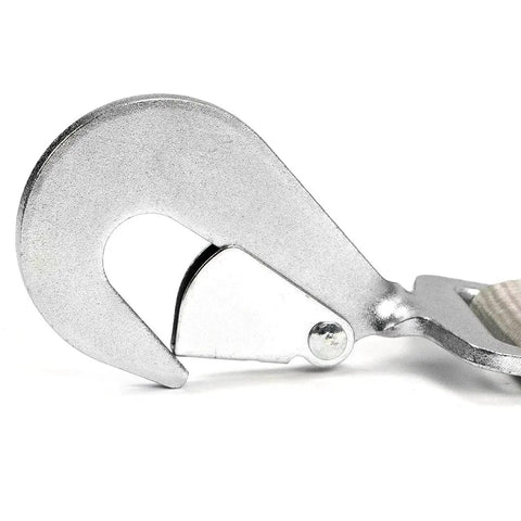 Snap hook detail of Axle Tie Down Strap Kit With Ratchet And Snap Hooks 2 Inch By 114 Inch Silver Series 4 Pack 3300 Pound Safe Working Load Cordura Wear Pad For Superior Abrasion Resistance.