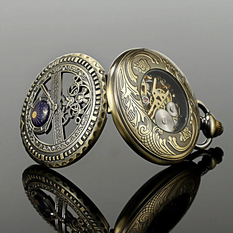Dope Mechanical Pocket Watch With Skeleton Sun And Moon Dial Bronze Case Chain And Box Included Vintage Cosmos Design For Men And Women
