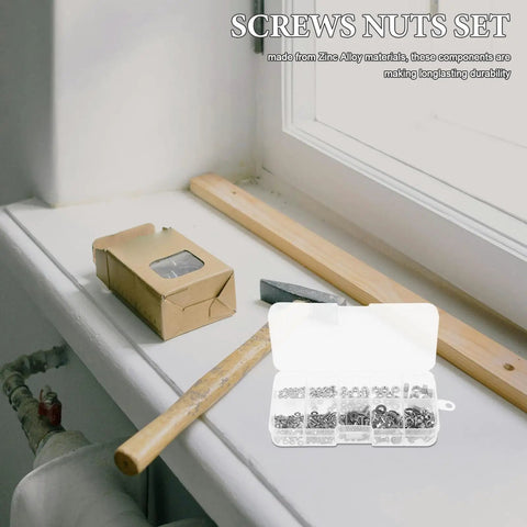Zinc Alloy Pro Grade Pan Head Machine Screws Nuts And Washers Kit with hammer and box on windowsill.