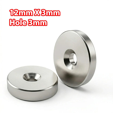 Heavy Duty N50 Neodymium Countersunk Disc Magnets With Screw Secure Flush Mount Setup And Kickass Rare Earth Hold For Cabinets Drawers And Tool Boxes In A Tough 50 Pack That Locks Everything Down Tight Without Any Messy Clutter showing 12mm diameter and 3mm thickness.