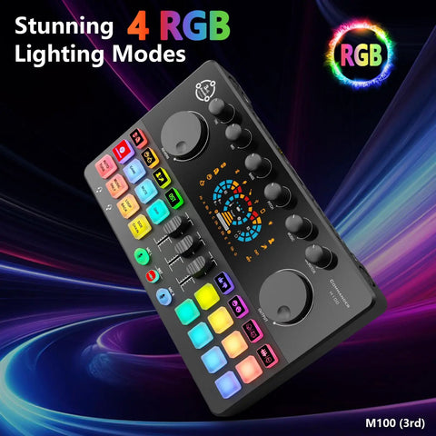 Pro Level Dual Microphone Podcast Bundle Slick Rgb Audio Mixer showing RGB lighting modes and control knobs.