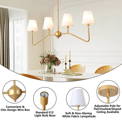 39 Inch Four Light Gold Island Pendant With White Fabric Shade Modern Dining Room Chandelier For Kitchen Island Foyer And Living Room E12 Bulb Base Gold Finish in dining space