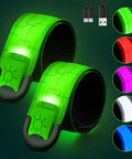 Rechargeable LED Armband Set For Night Safety, 2 Pack High Visibility Slap Wristbands in green light with USB cables shown