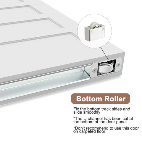 Premium 36X84 Inch 5 Panel Concealed Sliding Barn Door With Hassle Free Smooth Glide Track And Slam Free Soft Close Hardware Ready To Paint White Primed Solid Core close-up of bottom roller mechanism.