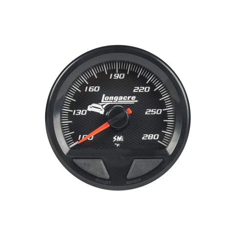 Tough As Nails Waterproof Oil And Water Temperature Gauge With Glowing Led Digits and Sick Color Shifting Heat Alerts For Customs Or Drift Rigs Quick Installation, showing black face and red needle.