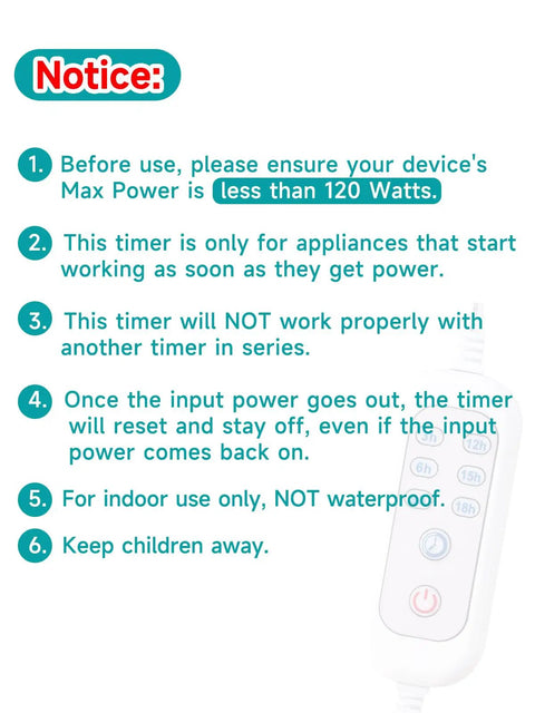 Notice instructions for Dead Simple Plug And Play Timer With Extension Cord For Indoor Lights, 24 Hour Auto Cycle.