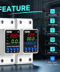 Smart Two Pole Sixty Three Amp Circuit Breaker With Adjustable Over Under Voltage And Over Current Protection Auto Reset Din Rail Mount, featuring adjustable voltage display.