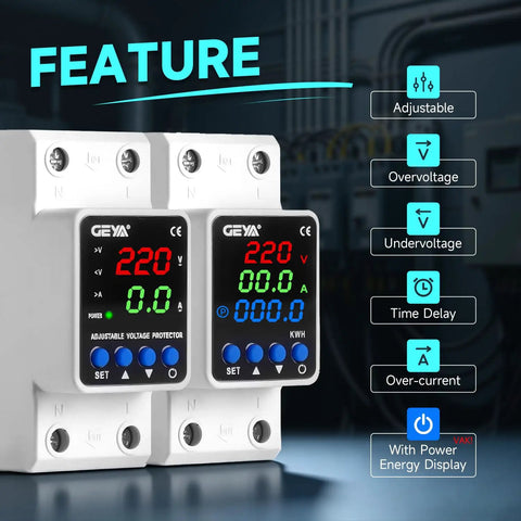 Smart Two Pole Sixty Three Amp Circuit Breaker With Adjustable Over Under Voltage And Over Current Protection Auto Reset Din Rail Mount, featuring adjustable voltage display.