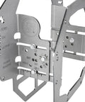 Tremec T-56 Adjustable Mock Up Bellhousing Transmission Fitment Jig With Universal Muscle Car Swap Adapter and Custom Hot Rod Engine Block Pilot Bore Alignment Tool, stainless steel design, showing precision cutouts.