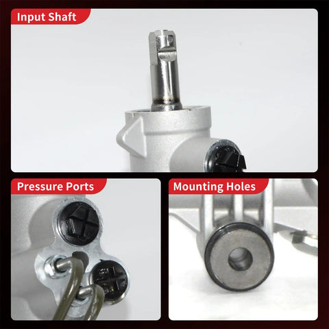 Close-up of hydraulic power steering rack and pinion assembly features input shaft, pressure ports, and mounting holes for Dodge Ram 1500.