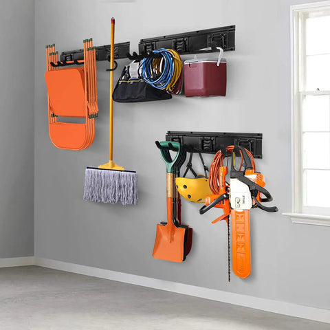 Heavy Duty Garage Wall Organizer Rack Kit with Three Mop Holders and Six Multi Purpose Hooks in a garage setting