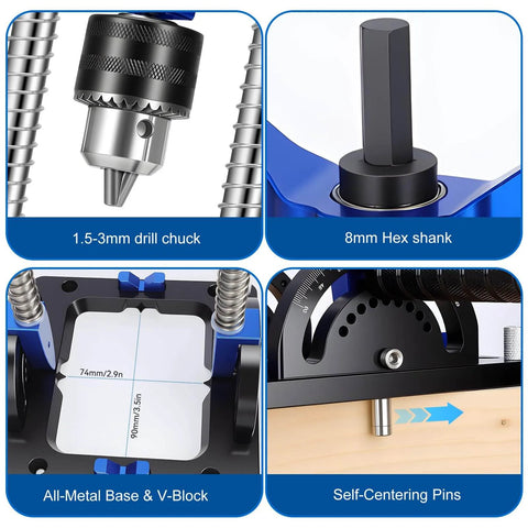 Close-up views of All Metal Adjustable Drill Guide With Multi Angle Capability From Zero To Sixty Degrees For Straight Holes features.