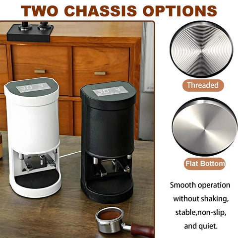 Electric Coffee Tamper With Stainless Steel Dock And Custom Pressure Tuner Yields Tight Espresso Pulls Between Five To Thirty Kilograms in black and white options.