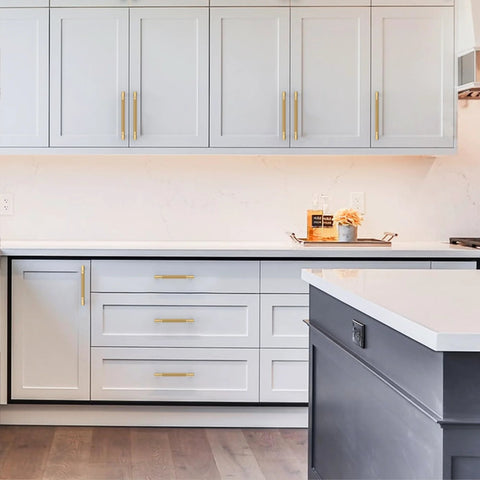 Modern kitchen with Champagne Bronze Knurled Cabinet Pulls, 10 Pack, 5 Inch Hole Center Drawer Pulls For Kitchen Cabinets And Bathrooms.