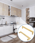 Modern kitchen with 6 Pack Brushed Gold Cabinet Pulls Square Dresser Handles 5 Inch Center To Center displayed in a corner circle.