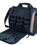 Heavy-Duty 30-Pocket Multi-Compartment Tool Carrier, 13-Inch, Zippered Side Panel Keeps Tools From Spilling, open showing pockets