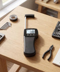 Precision Digital Force Gauge Push Pull Tester 11 Pound Capacity With Crisp Backlit Display on a wooden table with tools.