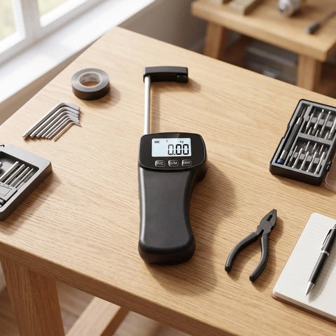 Super Slick Digital Force Gauge With A Clear Display Panel As A Nifty Handheld Pocket Dynamometer For Dead Accurate Push Pull Testing At 5 Kg And 11 Lb Right At Your Bench Or Job Site on a wooden table with tools.