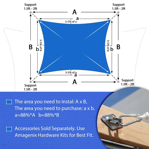 Blue Sun Shade Sail 16 By 24 Foot Heavy Duty UV Protection Canopy installation guide with corner D ring detail.