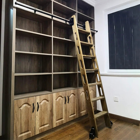 Real Deal Sliding Barn Door Hardware Kit With Smooth Rolling Track And Heavy Duty Steel Wheels For A Straightforward Diy Install In Any Farmhouse Home Office Or Guest Room Skip The Ladder Grind with wooden ladder against shelving.