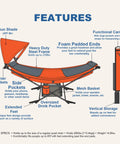 Diagram showing orange Portable Hammock With Stand No Trees Needed Compact Folding Framed Hammock with adjustable sunshade canopy features.