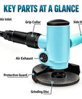 Heavy Duty 4 Inch Pneumatic Angle Grinder Pro Grade Air Powered Grinding Machine Runs Smooth with key parts labeled.