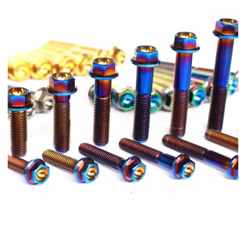 Grade Five Titanium Bolts Flange Head Screws For Mountain Bikes with mixed colors in 6mm and 8mm sizes, ideal for frame fasteners.