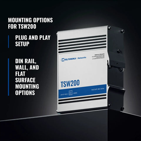 Mounting options for TSW200 Ethernet switch with DIN rail, wall, and flat surface setup, plug and play features.