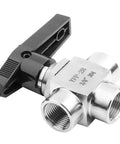 Heavy Duty 304 Stainless Steel 3 Way Ball Valve With Rock Solid Leak Proof BSPP Female Threads And Half Inch Ports For Tough DIY And Professional Plumbing Applications Built Like A Tank, showing black handle and female ports.