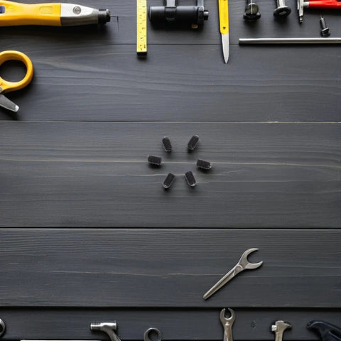 Premium M4x6 Spring Ball Plunger Screws 50 Pack Stainless Steel Hex Socket set displayed with tools on dark wood.