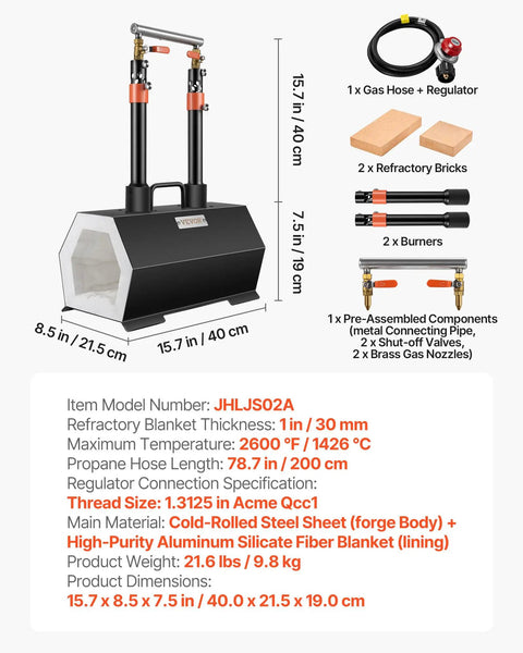 Portable Two Burner Propane Forge For Blacksmithing And Knife Making, Reaches 2600 F with dimensions and components shown