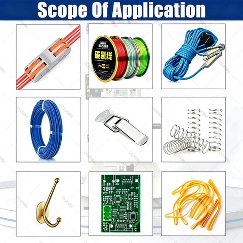 Display of various applications including wires, springs, and tools relevant for the Straight Shooting Digital Force Gauge 10 To 2000N.
