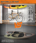 Before and after image of Beefy Wall Mount Kayak Storage Rack With Mega EVA Foam and Rubber Bushing for Paddle Board storage.