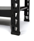 Level Up Your Storage Game With This Tough As Nails Three Shelf Industrial Storage Rack Featuring A Durable Laminate Top Deck And Fully Adjustable Black Steel Shelves showing a steel leg detail with robust design.