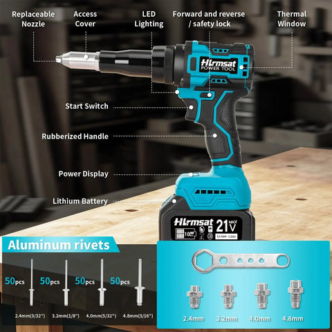 Tough As Nails Brushless Cordless Rivet Gun Packing Serious Pulling Force And Two Extended Batteries For Quick Aluminum Fastening Without Breaking A Sweat Or Dealing With Frustrating Slow Tools on workbench with aluminum rivets and accessories.