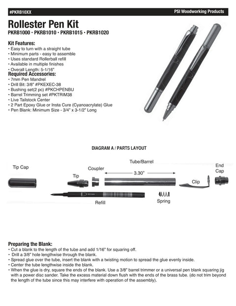 Rollester Rollerball Pen Kit Starter Package For Woodturning Projects With Hardware And Bushing Set, diagram and parts layout.