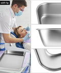 Stainless Steel Tool Organizer Trays Set With One Large Flat-Bottom Tray And Three Small Rust-Resistant Service Trays, Built For Tools, Fasteners, Bits And Small Parts In Your Garage Workshop Pro Grade Organization in dental setting with close-up details.