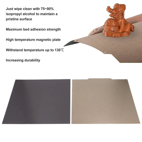 Solid Double Sided Pei Texture Spring Steel Build Plate With Magnetic Base For 3D Printers showing black and gold surfaces, high temp resistance.
