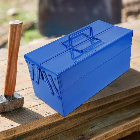 Badass Blue Iron Double Layer Toolbox Organizer With Grip Carry Handle Portable Heavy Duty Build For Garage Setup Or Job Site Grind To Keep Tools Locked In on wooden surface.