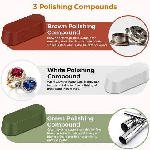 Tough As Nails One Eighth Shank Rotary Tool Polisher And Buffing Kit with brown, white, and green polishing compounds for versatile finishing.