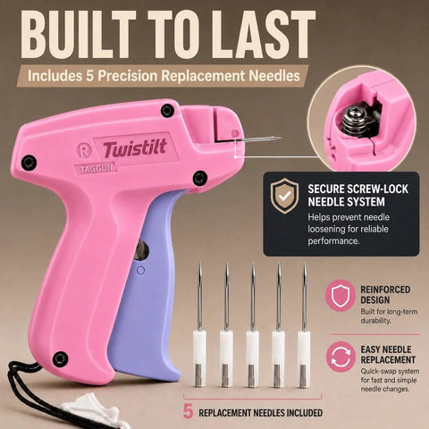 Handheld Stitch Gun For Clothes Featuring No Sew Hemming And Tagging With Six Strong Needles And Two Thousand Micro Fasteners making clothing repairs a breeze for any trend setter. Pink handheld stitch gun with 5 precision replacement needles.