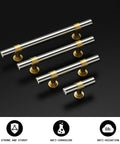 Solid Cabinet Pulls And Drawer Handles 10 Pack Featuring Smooth Brushed Nickel Finish With Straight Up Gold Accents on a black background.