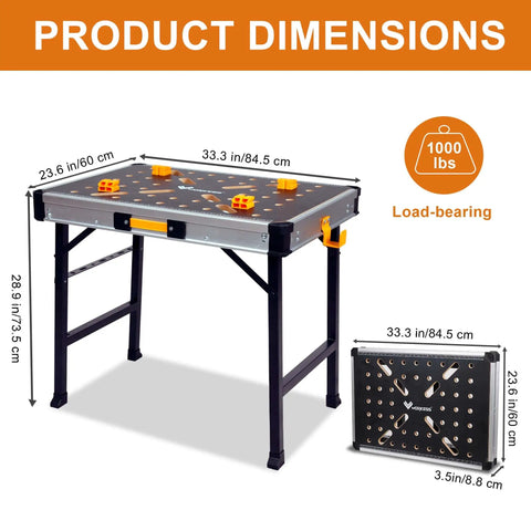Heavy Duty Portable Workbench With 1000 Pound Capacity Folding Work Table, Two Quick Clamps, Four Bench Dogs, Three Tool Boxes, And Built In Storage For Garage, Workshop, And DIY Projects with dimensions shown.