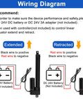 Wiring diagram for Rock Solid 24V Linear Actuator Featuring 12 Inch Throw And 440 Pound Pull Power showing connections for battery.