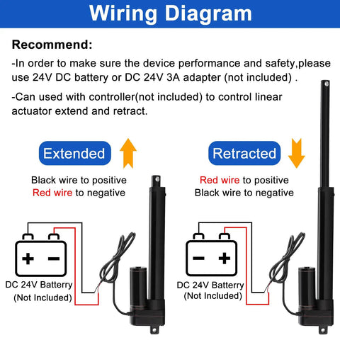 Wiring diagram for 24 Volt Linear Actuator with 6 Inch Stroke and Rock Solid 440 Pound Push Pull Capability, showing connection instructions.