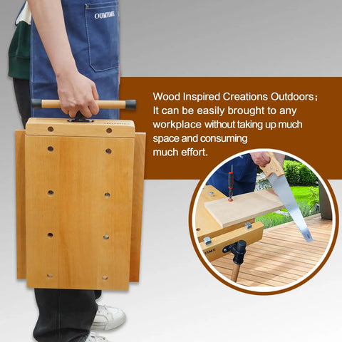 Person carrying Portable Workbench With Sturdy Beech Vise Includes Wood Clamp Four Bench Dogs And Two Clips Extendable Sides