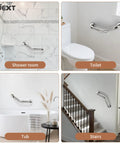 Rock Solid 16 Inch Angled Bathroom Shower Grab Bars Two Pack Heavy Duty Stainless Steel Wall Mount Safety Handrails in various settings.